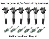 KV6 Coil Packs and Spark Plugs Kit (Late Type) - Genuine Denso / Champion NEC000070 / NEC000110 - 45 / 75 / ZS / ZT / Freelander V6 (NEC000070L / NEC000110L) NLP100290